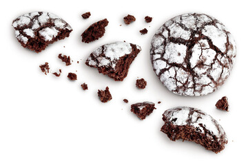 Chocolate brownie cookie isolated on white background. Top view with copy space for your text. Flat lay - obrazy, fototapety, plakaty