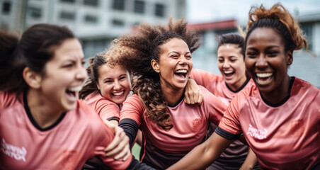 Triumphant Moments: Women’s Soccer Team in Joyful Celebration - obrazy, fototapety, plakaty