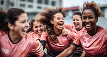 Foto op Plexiglas Triumphant Moments: Women’s Soccer Team in Joyful Celebration © Bartek