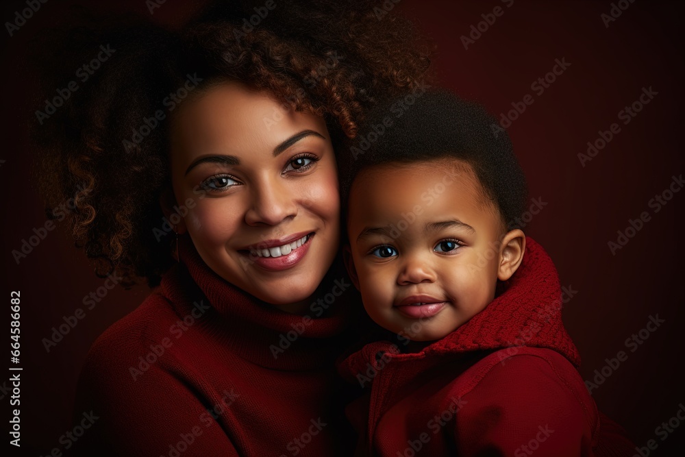 Poster Happy african american woman holding cute little boy, red clothes.