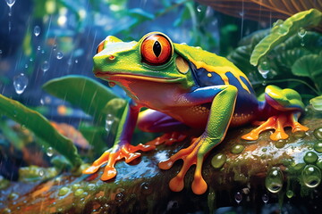Poison vivid color frog. Poisonous animal of tropical rainforest. Pet in terrarium. - obrazy, fototapety, plakaty