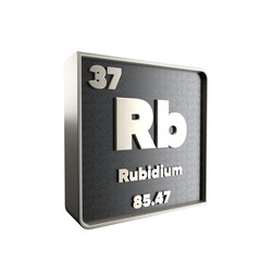 rubidium chemical element black and metal icon with atomic mass and atomic number. 3d render illustration.