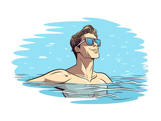 Doodle Swimmer in pool, cartoon sticker, sketch, vector, Illustration, minimalistic
