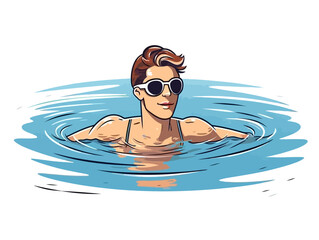 Doodle Swimmer in pool, cartoon sticker, sketch, vector, Illustration, minimalistic