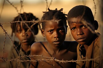 African refugees kids in front of barbed wire border. - obrazy, fototapety, plakaty