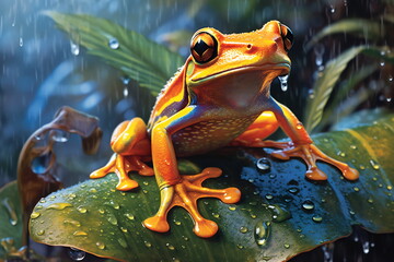 Poison vivid color frog. Poisonous animal of tropical rainforest. Pet in terrarium. - obrazy, fototapety, plakaty