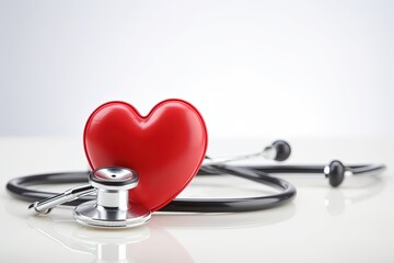 Red stethoscope in shape of heart on a white background. 