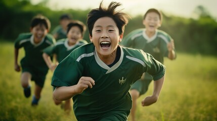A group of excited Asian children playing soccer