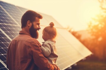 Dad holding his little daughter in arms and showing solar panels.