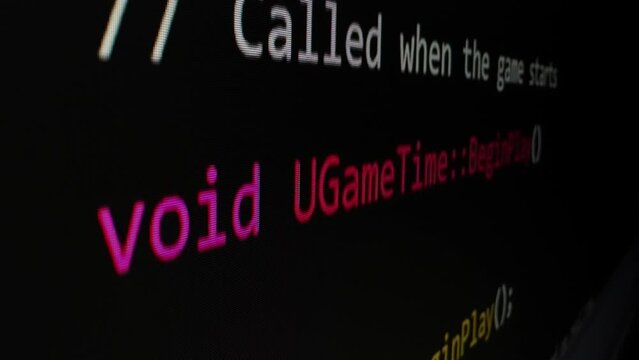 Closeup macro shot movement of coding script moving across LED screen with real-time AI-generated typing, showcasing advanced AI learning in optimization, debug and coding for software development.