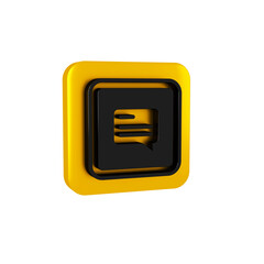 Black Video with subtitles icon isolated on transparent background. Yellow square button.