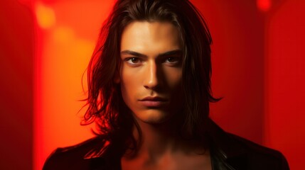 A bold transgender man, isolated on a fiery red background, showcasing a fierce determination through his intense gaze.