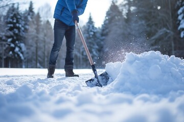 Removing snow with shovel. - obrazy, fototapety, plakaty
