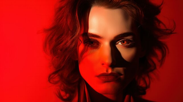 A bold transgender man, isolated on a fiery red background, showcasing a fierce determination through his intense gaze.