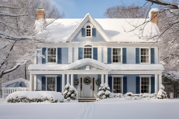 Colonial house with side porches covered in snow.