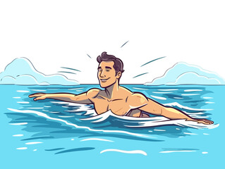 Doodle Swimmer in open water, cartoon sticker, sketch, vector, Illustration, minimalistic