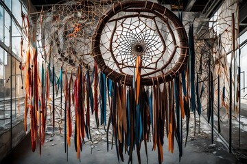 A dream catcher featured in an abstract, avant-garde art installation, exploring its symbolism in a thought-provoking and unconventional way. - obrazy, fototapety, plakaty