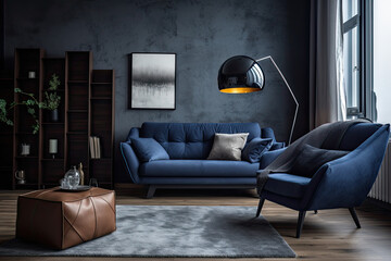 Dark blue sofa and recliner chair in scandinavian apartment. Interior design of modern living room.