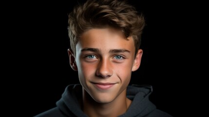 Obraz premium A confident adolescent male, isolated on a black background, exhibiting self-assured demeanor, showcasing moments of assurance.