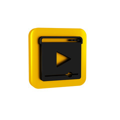 Black Online play video icon isolated on transparent background. Film strip with play sign. Yellow square button.