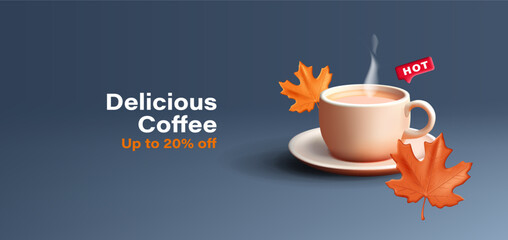 Hello Autumn. Fall season Sale banner with 3d illustration of coffee cup with hot beverage and fall maple leaves
