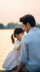 A gentle Asian father and daughter. Bonding moment. A peaceful lake with a small wooden dock.