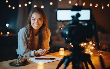 A girl is sitting at a table and recording a video - obrazy, fototapety, plakaty