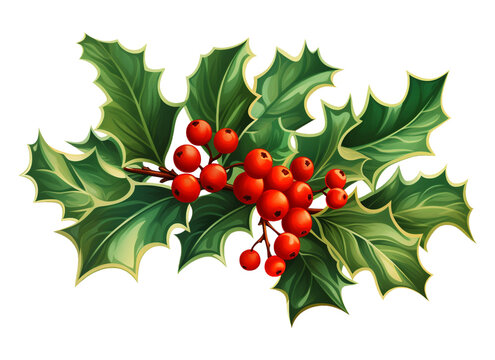 Christmas holly illustration on transparent background. Generative AI.