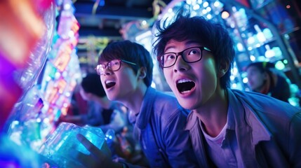 A group of Asian boys engage in friendly competition in a city arcade with flashing neon lights.