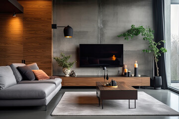 Gray sofa near wooden paneling wall and tv unit. Loft interior design of modern living room with concrete wall.