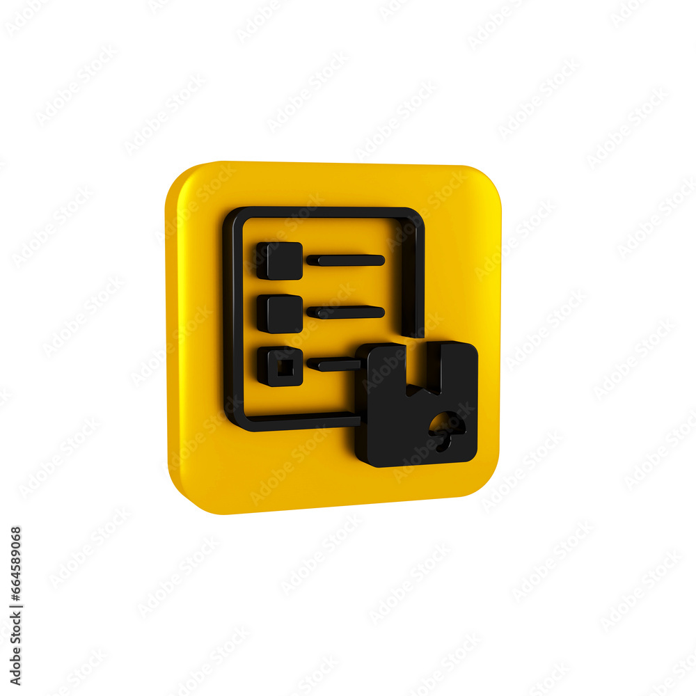 Poster black verification of delivery list clipboard icon isolated on transparent background. yellow square