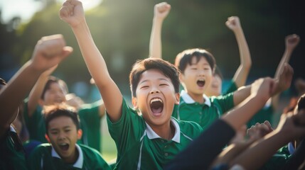 A group of excited Asian children playing soccer
