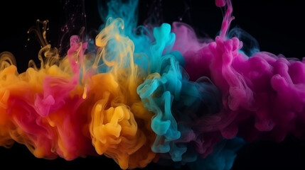Clubs of multicolored neon smoke, ink. An explosion, a burst of holi paint. Abstract psychedelic color paint background. AI generated.