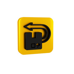 Obraz premium Black Return cardboard box icon isolated on transparent background. Box, package, parcel sign. Delivery and packaging. Yellow square button.