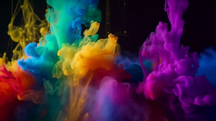 Clubs of multicolored neon smoke, ink. An explosion, a burst of holi paint. Abstract psychedelic color paint background. AI generated.