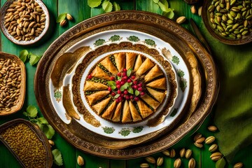 A sumptuous display of Top View Turkish Dessert Baklava glistening with honey, the layers of flaky pastry and finely chopped nuts are a work of culinary art