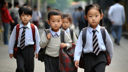 Little Asian children in uniform going to school