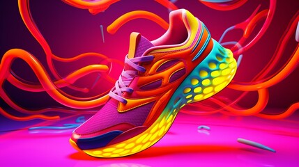 A pair of colorful running shoes on a vibrant neon background.