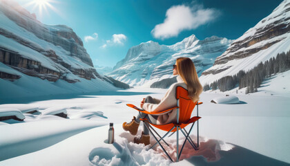 A woman relaxes in a chair, taking alpine scenery, surrounded by snow-covered peaks and a brilliant blue sky.