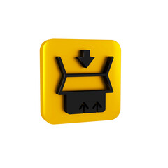 Black Carton cardboard box icon isolated on transparent background. Box, package, parcel sign. Delivery and packaging. Yellow square button.