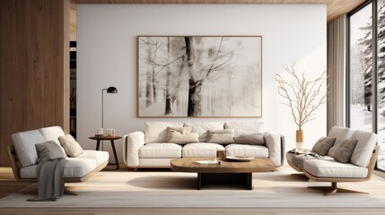Modern interior design. Contemporary living room with open concept view. Spacious villa interior with cement wall effect