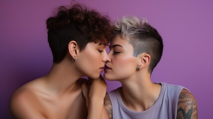 A lesbian duo, their simple yet poignant tattoos telling their story, isolated on a lavender background, sharing a silent, but powerful, loving gaze.