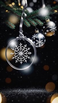 Beautiful silver colored blurry circle bokeh motion background with falling snowflake, Christmas and New Year concept