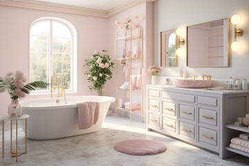 Fototapeta na wymiar Pink-Toned Bathroom Retreat: Freestanding Tub, Arched Window, Blossoms, Chic Vanity, and Marble Floor Accents