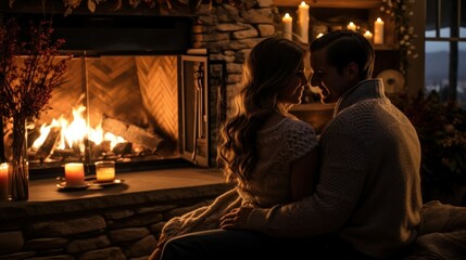 Warm Embrace: Couple's Romantic Evening by the Fireplace