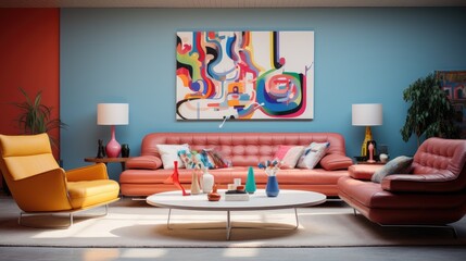 Interior of bright living room. Pop art living room. Modern interior of open space with design sofa, furniture, pillows and elegant personal acces