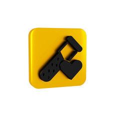 Black Test tube or flask with blood icon isolated on transparent background. Laboratory, chemical, scientific glassware sign. Yellow square button.