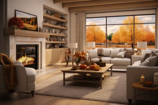 Golden Hour Living Room with Autumnal Tree Views, Comfortable White Sofas, Lit Fireplace, and Rustic Books