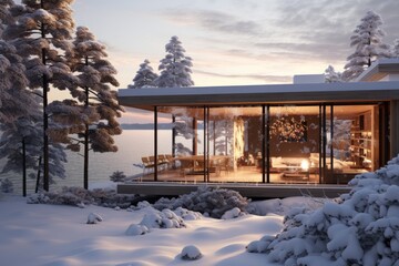 Architectural Masterpiece Amidst Snow-Covered Pines: Modern Glass Cabin with Warm Glowing Interiors Overlooking Frozen Lake at Dusk in Winter - obrazy, fototapety, plakaty