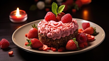 Fototapeta na wymiar Valentine's Day dessert with pink vanilla cream and fresh strawberries on a plate, sweet present